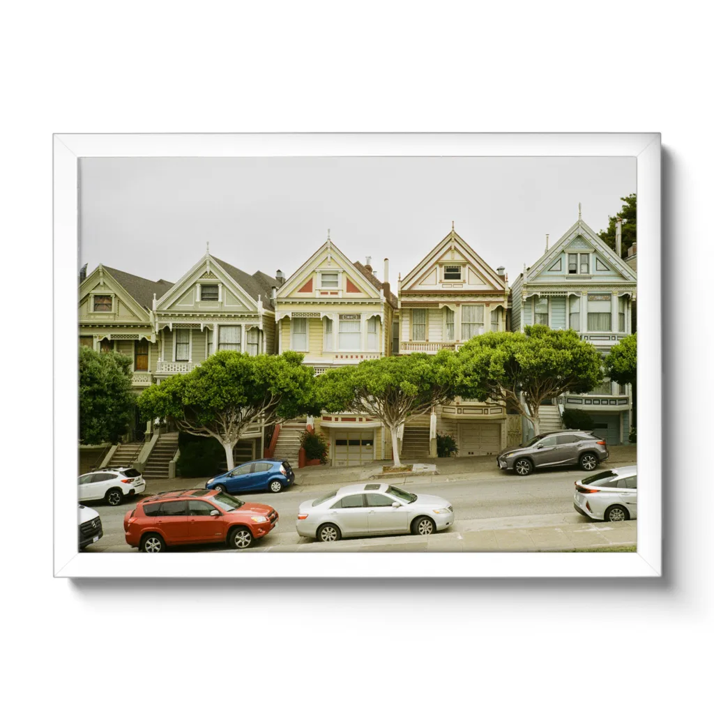 Vintage Bildaufnahme von den Painted Ladies in San Francisco. Häuser die in einer Reihe stehen