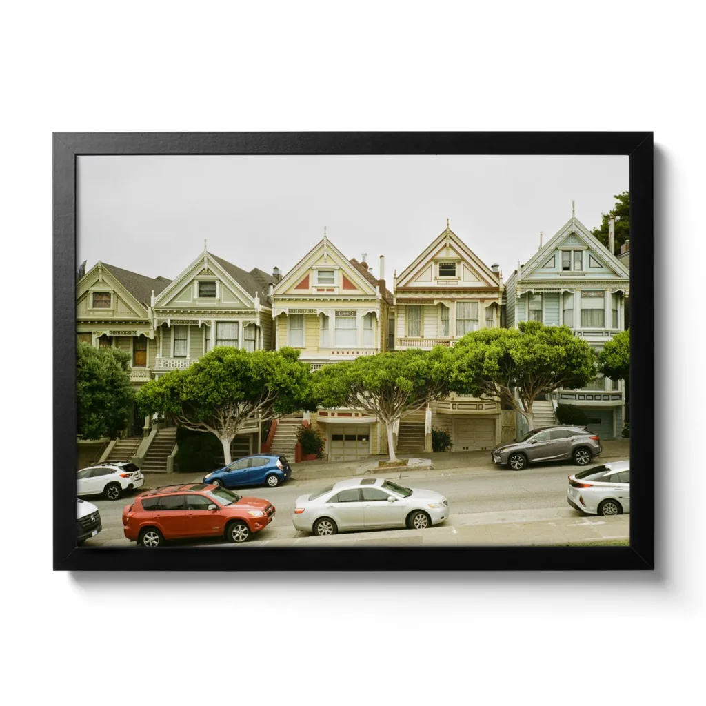 Vintage Bildaufnahme von den Painted Ladies in San Francisco. Häuser die in einer Reihe stehen